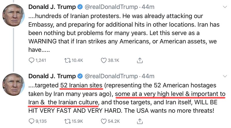 Trump threatened to target Iran on his Twit 